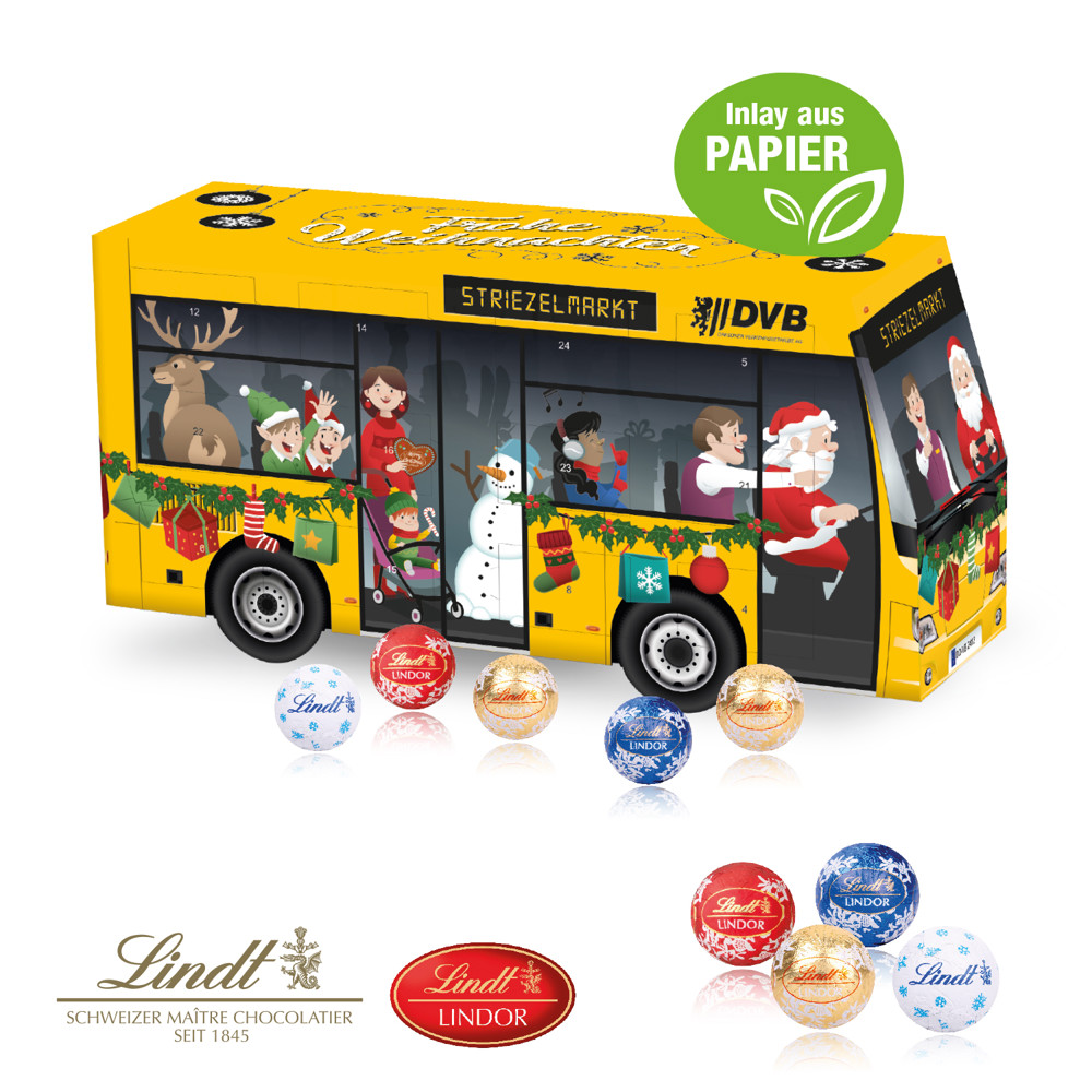 3D Adventskalender "Bus" mit Lindt Schokolade mit Papier-Inlay
