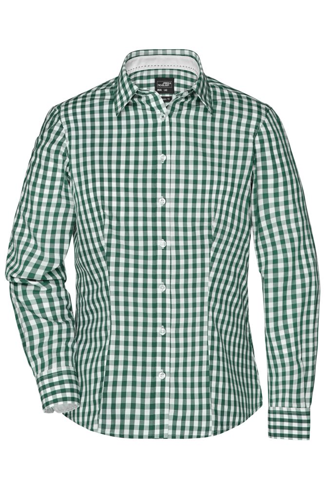 Ladies' Checked Blouse - Forest-green/white (ca. Pantone 567C
white)