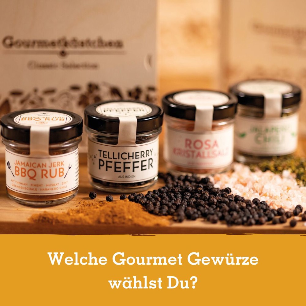Geschenkkarton mit 3 Gourmet Gewürzen im Glas
