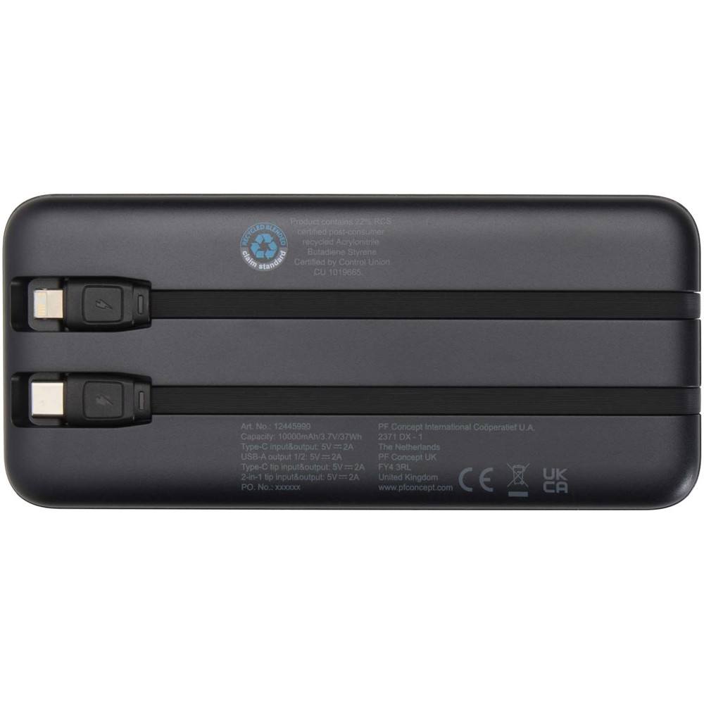 Adhil 10 W 10.000 mAh Powerbank aus recyceltem Kunststoff mit 2 integrierten Kabeln
