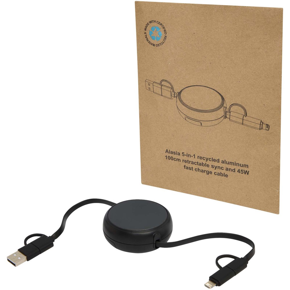Alasia 100 cm 5-in-1 Kabel aus recyceltem Kunststoff und Aluminium, einziehbar, für Datenübertragung und mit 45W Schnellladun