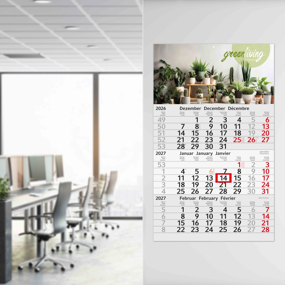 3-Monatskalender Einblatt Budget 3 Recycling-Kalendariumspapier, rot