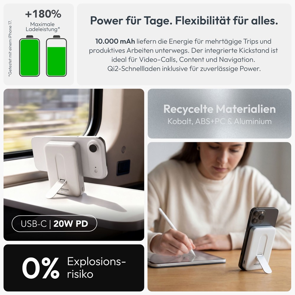 Evergreen Mag 10000 mit Kickstand - Die magnetische Powerbank mit Standfunktion - Weiß
