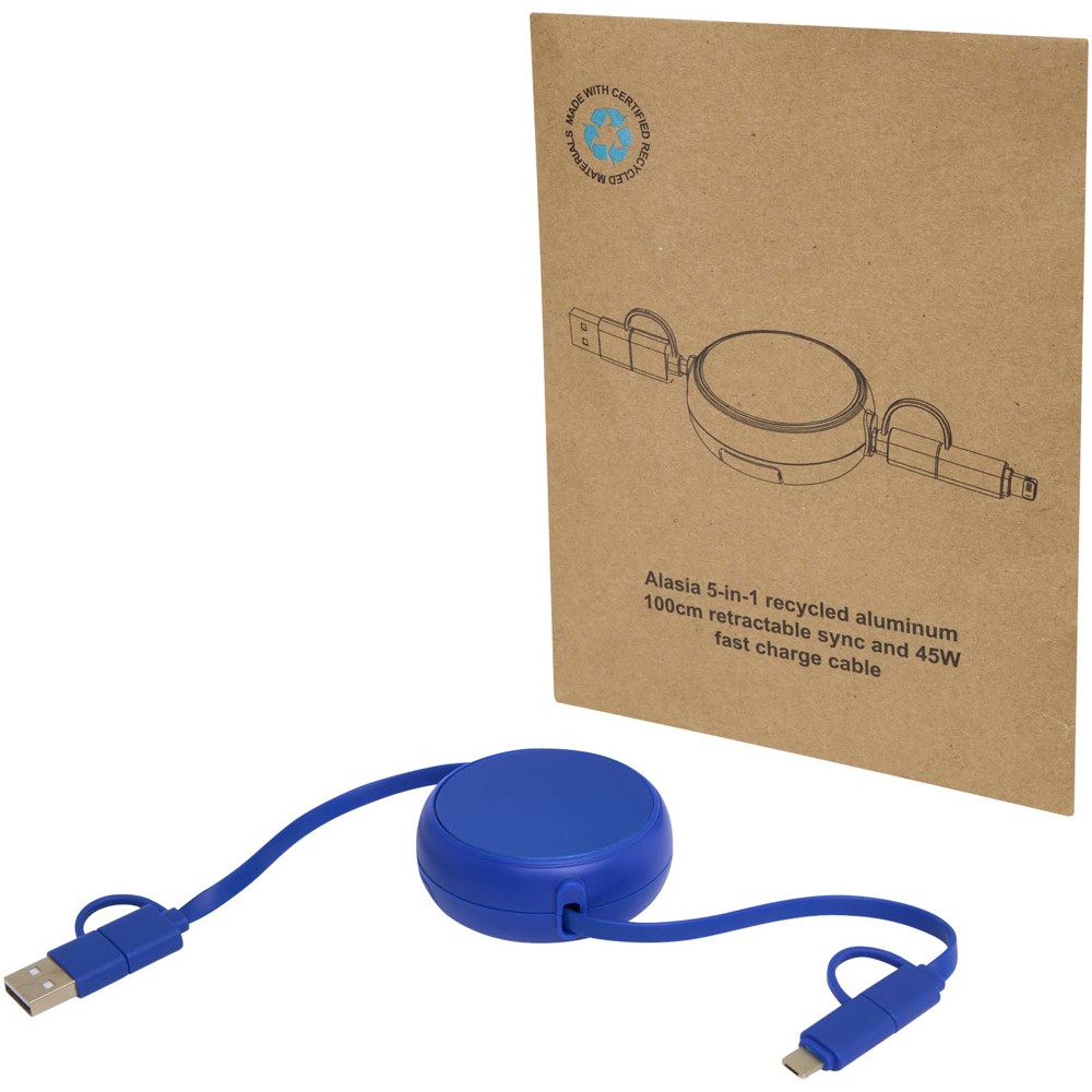 Alasia 100 cm 5-in-1 Kabel aus recyceltem Kunststoff und Aluminium, einziehbar, für Datenübertragung und mit 45W Schnellladun - royalblau