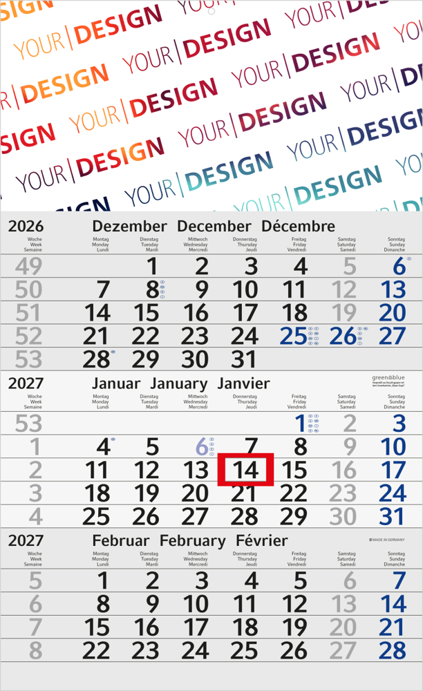 3-Monatskalender Einblatt Budget 3 Recycling-Kalendariumspapier, blau