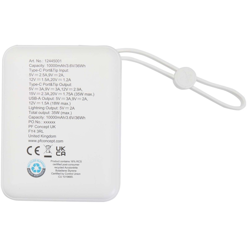Acrux 35 W 10.000 mAh Tablet Powerbank mit integriertem Typ-C-Kabel aus recyceltem Kunststoff