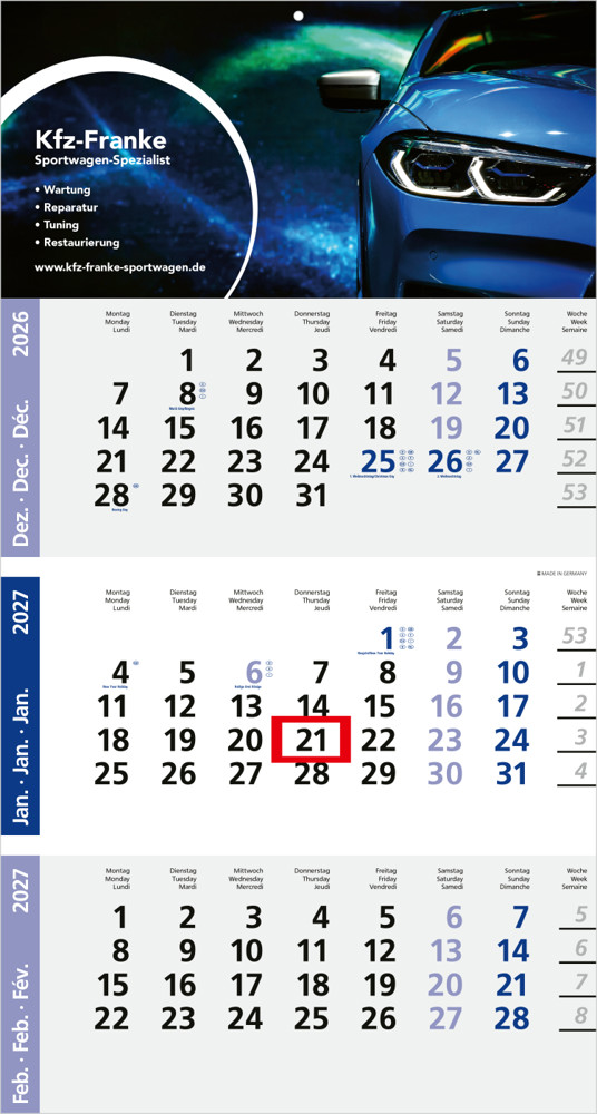 3-Monatskalender Einblatt Logic 3 Post A Design-Kalendarium