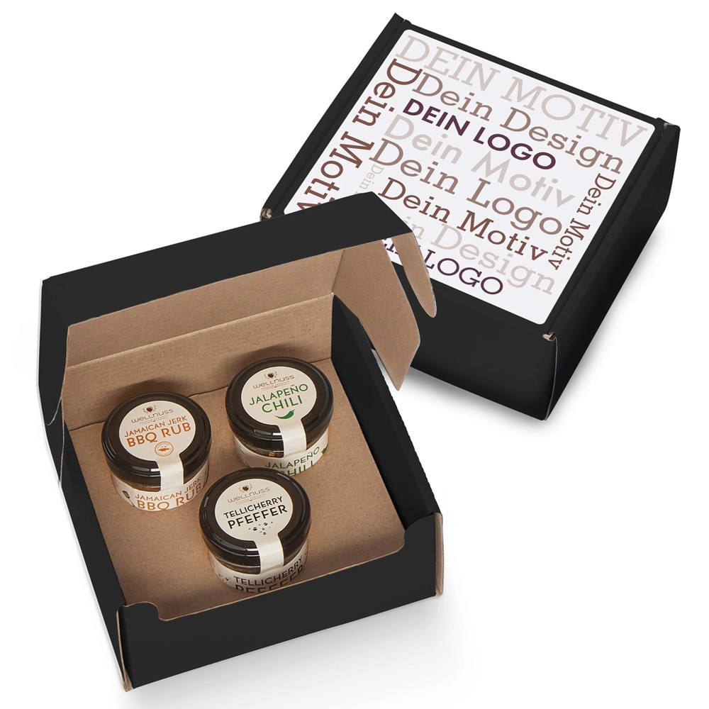 Geschenkkarton mit 3 Gourmet Gewürzen im Glas
