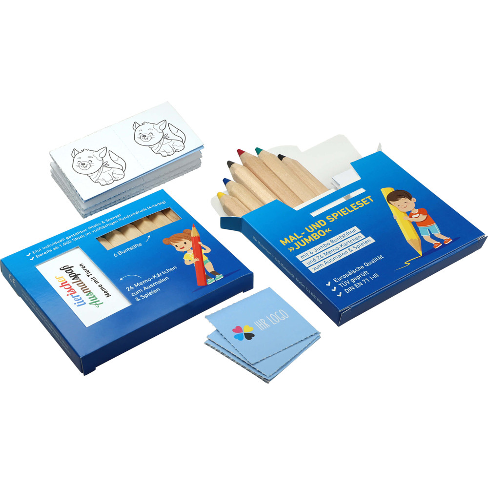 JUMBO Buntstift Memo-Set, Made in EU, FSC®, inkl. Individueller Rundumdruck, Mal- und Spieleset