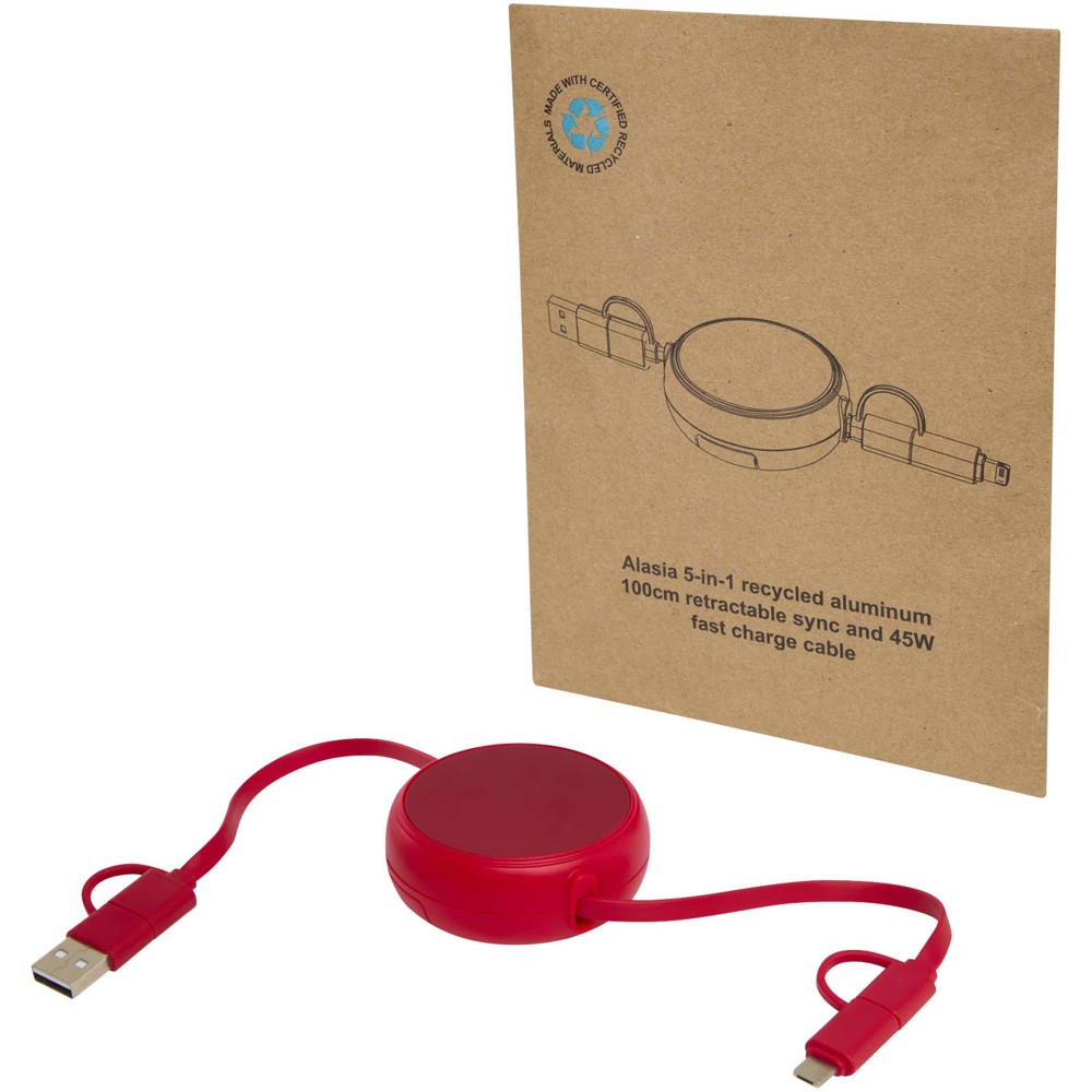 Alasia 100 cm 5-in-1 Kabel aus recyceltem Kunststoff und Aluminium, einziehbar, für Datenübertragung und mit 45W Schnellladun - rot