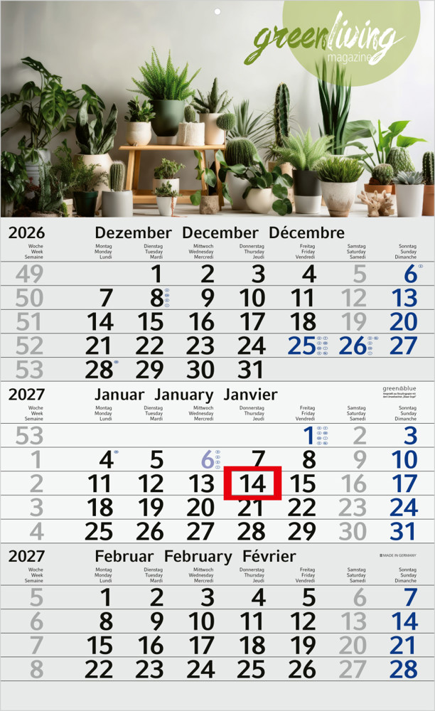3-Monatskalender Einblatt Budget 3 Recycling-Kalendariumspapier Schrift leicht - Blau