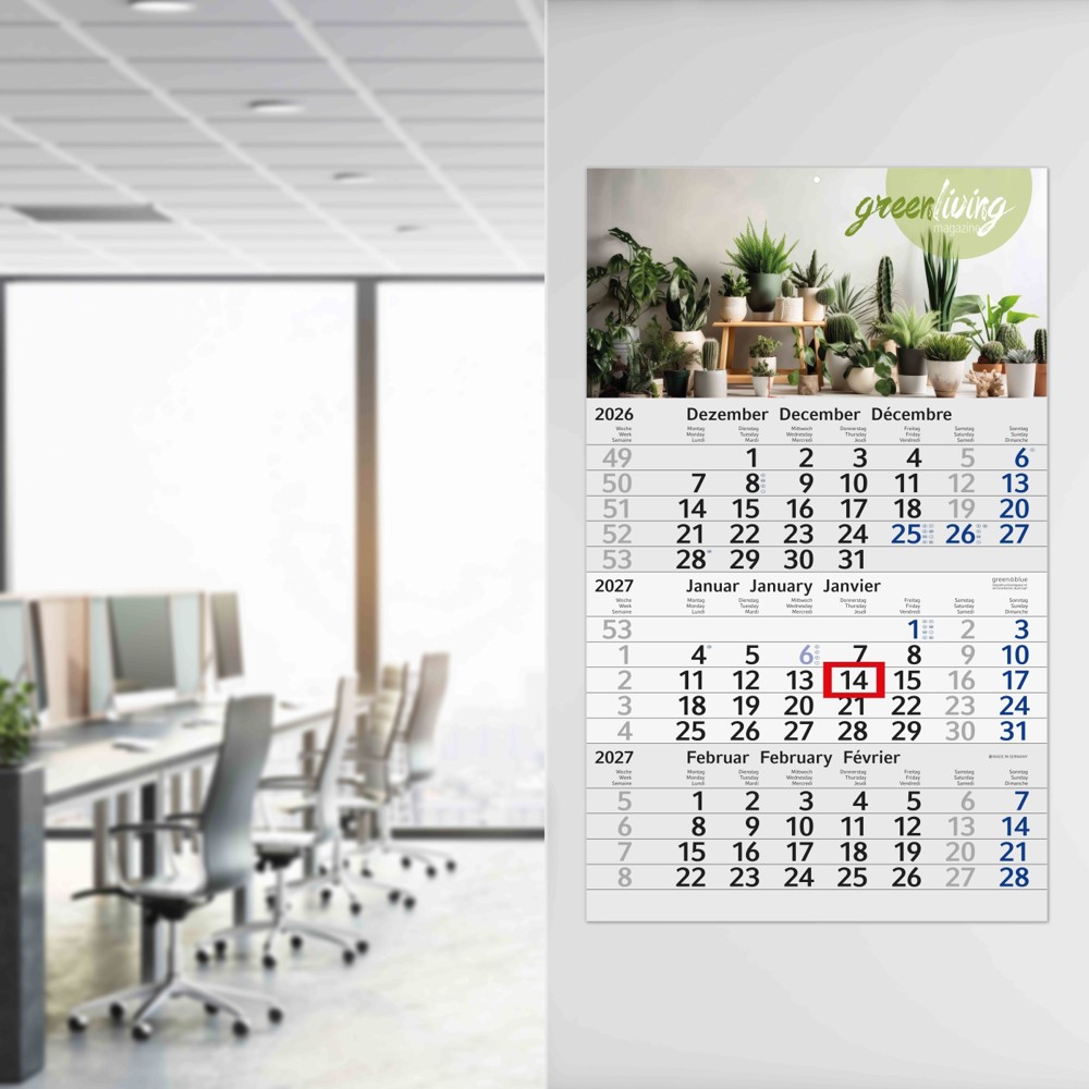 3-Monatskalender Einblatt Budget 3 Recycling-Kalendariumspapier, blau