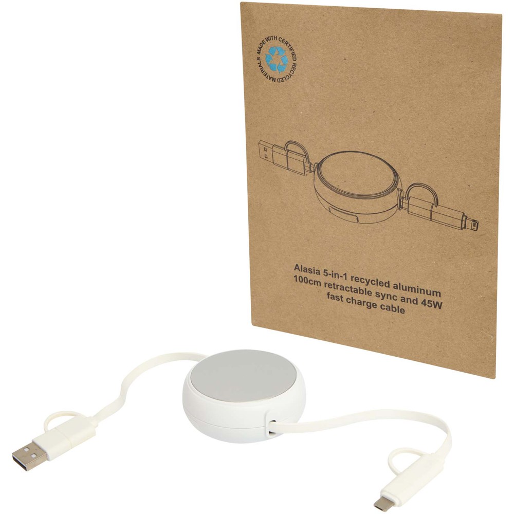 Alasia 100 cm 5-in-1 Kabel aus recyceltem Kunststoff und Aluminium, einziehbar, für Datenübertragung und mit 45W Schnellladun - Silber