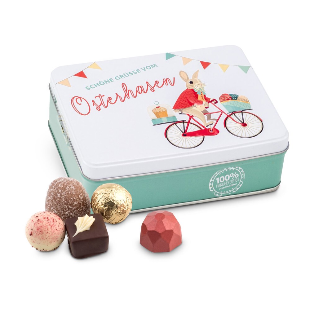Hasenvater auf dem Fahrrad - Pralinendose mit 125 g