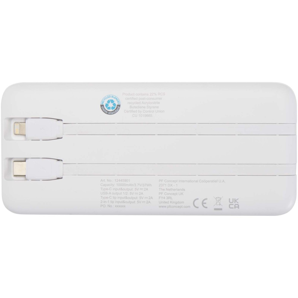 Adhil 10 W 10.000 mAh Powerbank aus recyceltem Kunststoff mit 2 integrierten Kabeln